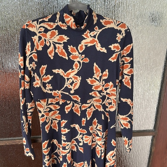 Tanya Taylor Floral Thea Dress Navy Orange Jersey Midi Turtle Neck Large. - Picture 8 of 13